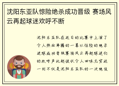 沈阳东亚队惊险绝杀成功晋级 赛场风云再起球迷欢呼不断