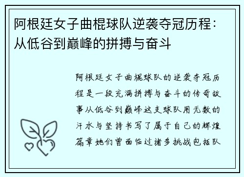 阿根廷女子曲棍球队逆袭夺冠历程:从低谷到巅峰的拼搏与奋斗