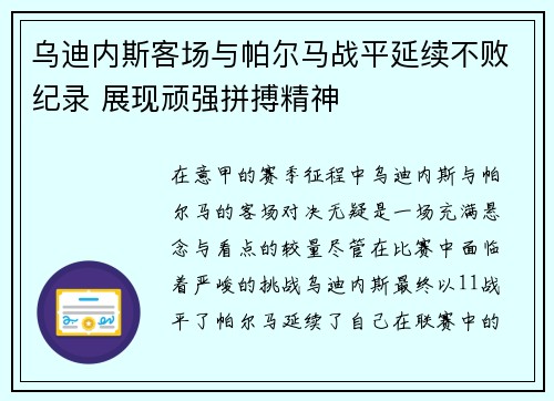乌迪内斯客场与帕尔马战平延续不败纪录 展现顽强拼搏精神