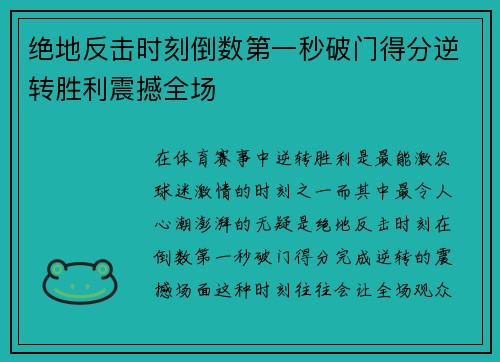 绝地反击时刻倒数第一秒破门得分逆转胜利震撼全场